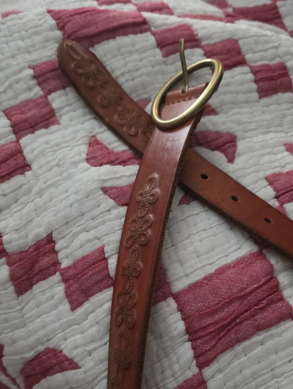 Womens Lucky Brand Embossed Brown Leather Belt with Brass Oval Buckle